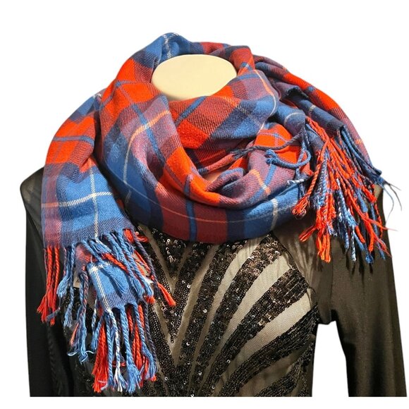 Plaid Fringe Flannel Scarf Wrap Red & Blue 85" X 26.5" Soft Acrylic By Gap - Picture 3 of 11
